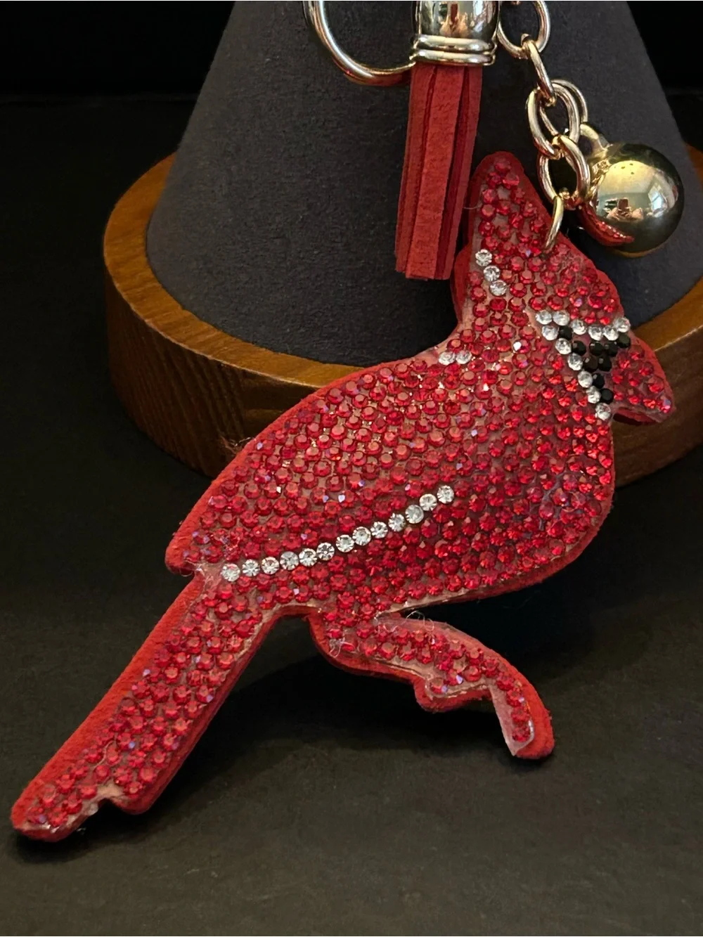 PREMIUM Puffy Red Crystal Cardinal Bird Bag Charm Keychain w/Gold Hardware